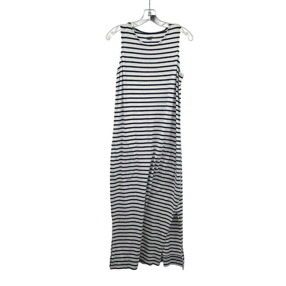 Lands' End Striped Maxi Dress Sleeveless Front Slit Blue/White Size Small